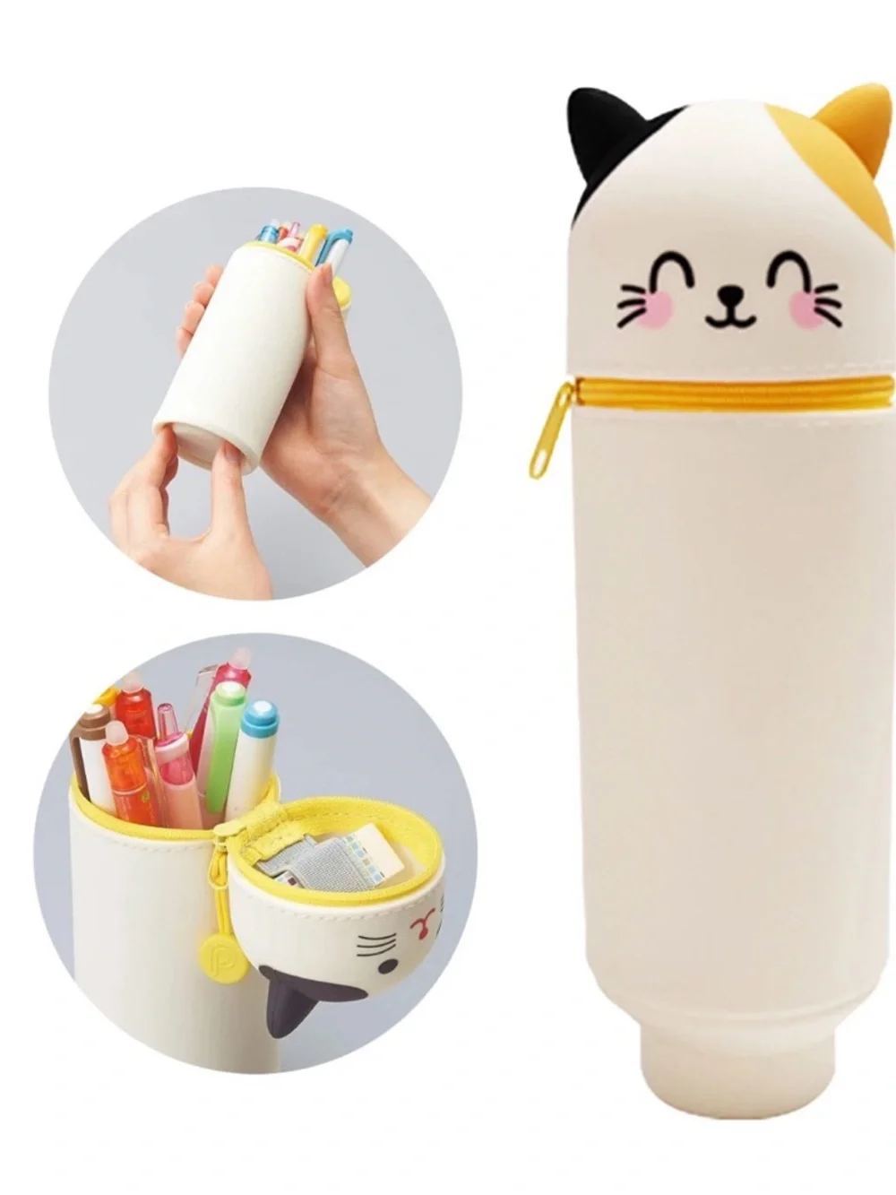 Cute Cat Silicone Pen Pencil Standing Case Storage - White with Yellow Accent